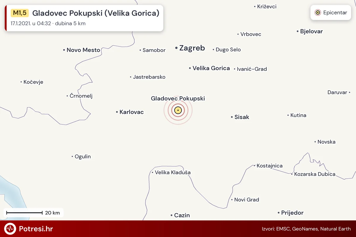 Karta: šire područje i vjerojatni doseg osjeta, potres M1,5, Gladovec Pokupski (Velika Gorica), 17.1.2021.