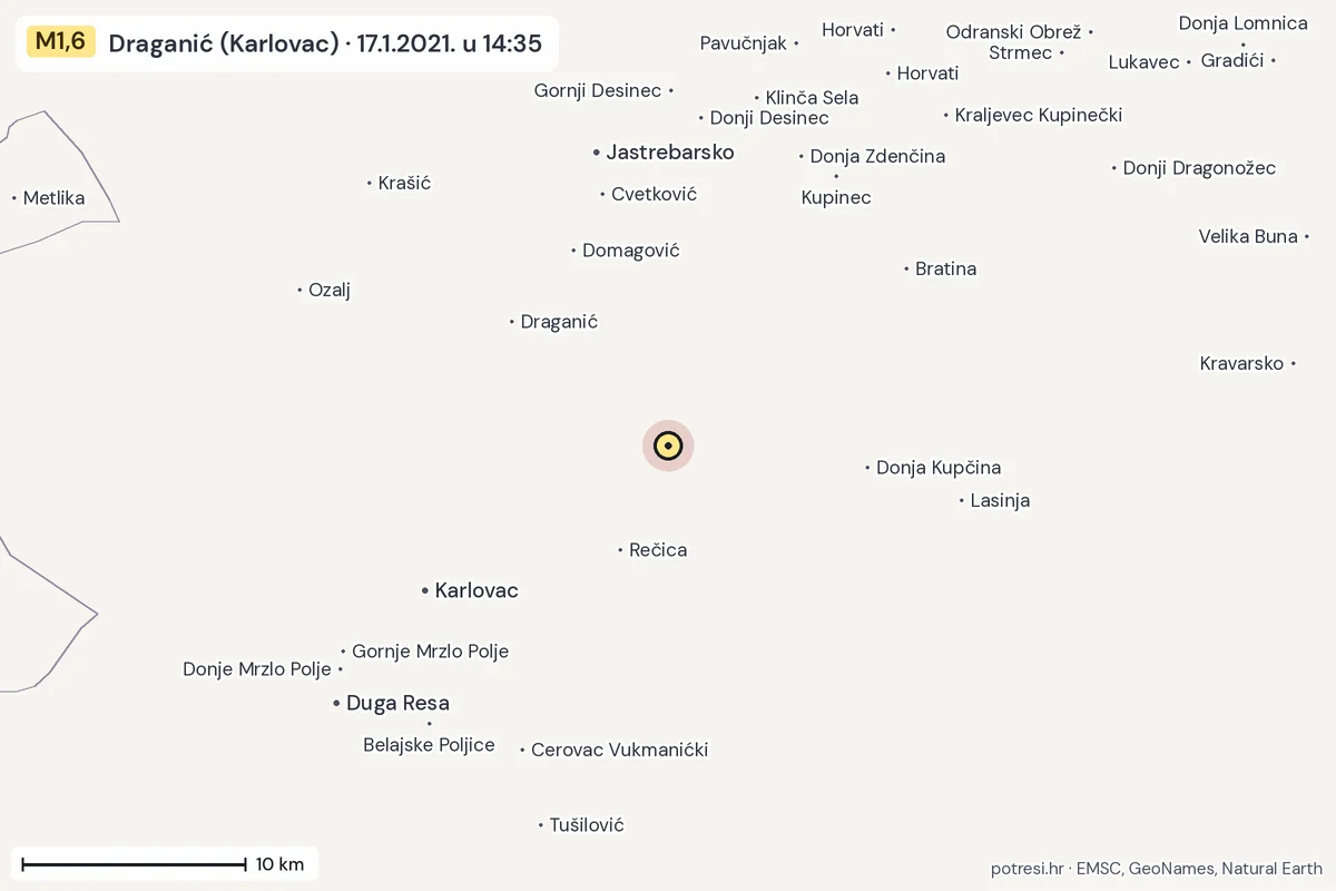 Karta: okolica epicentra, 60 km, potres M1,6, Draganić (Karlovac), 17.1.2021.
