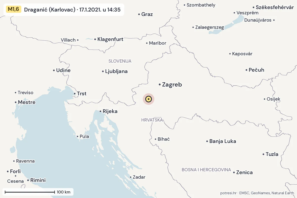 Karta: šire područje, 600 km, potres M1,6, Draganić (Karlovac), 17.1.2021.