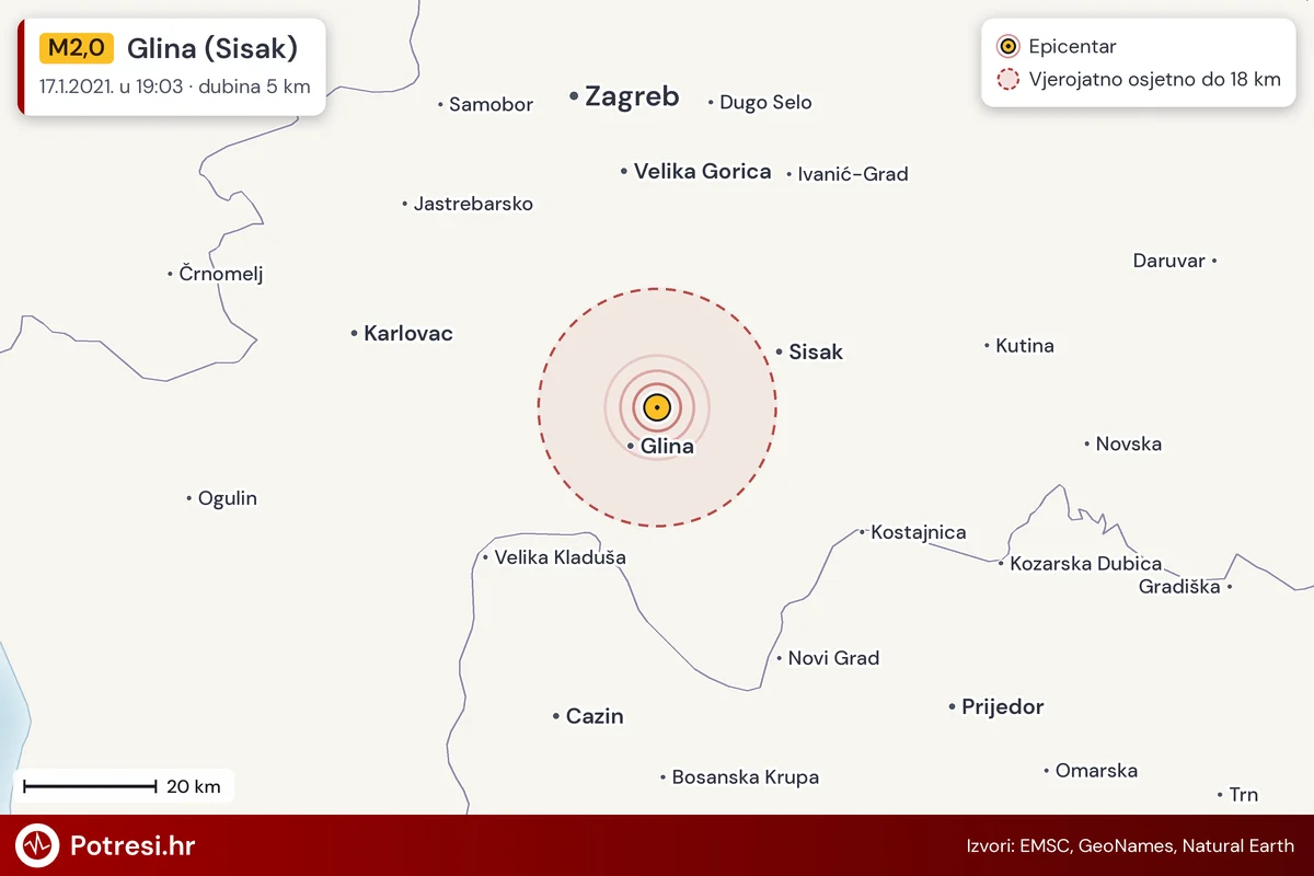 Karta: šire područje i vjerojatni doseg osjeta, potres M2,0, Glina (Sisak), 17.1.2021.