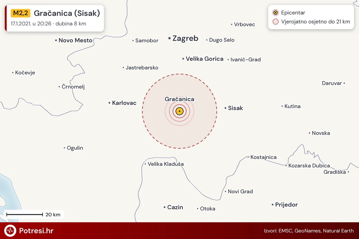 Karta: šire područje i vjerojatni doseg osjeta, potres M2,2, Gračanica (Sisak), 17.1.2021.