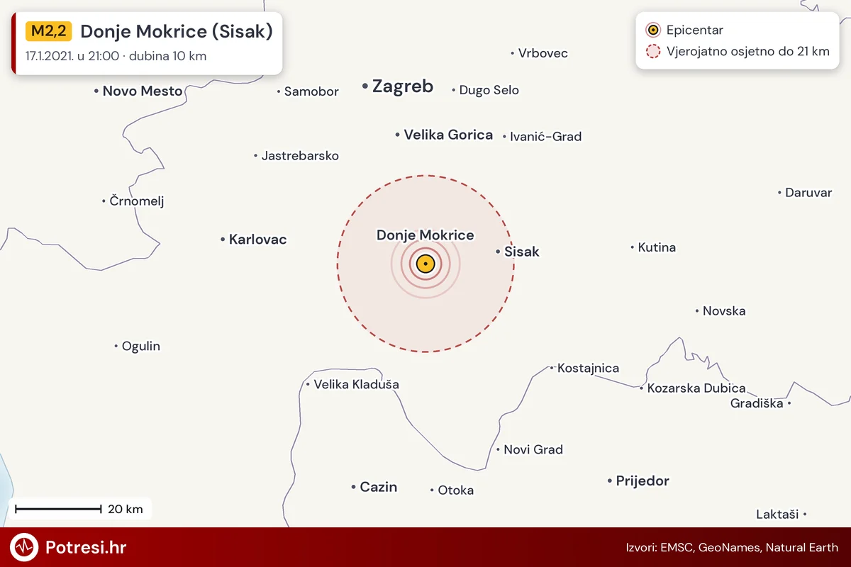 Karta: šire područje i vjerojatni doseg osjeta, potres M2,2, Donje Mokrice (Sisak), 17.1.2021.