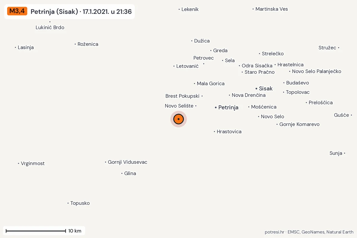 Karta: okolica epicentra, 60 km, potres M3,4, Petrinja (Sisak), 17.1.2021.