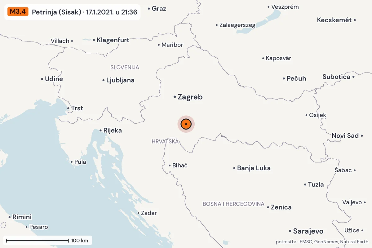 Karta: šire područje, 600 km, potres M3,4, Petrinja (Sisak), 17.1.2021.