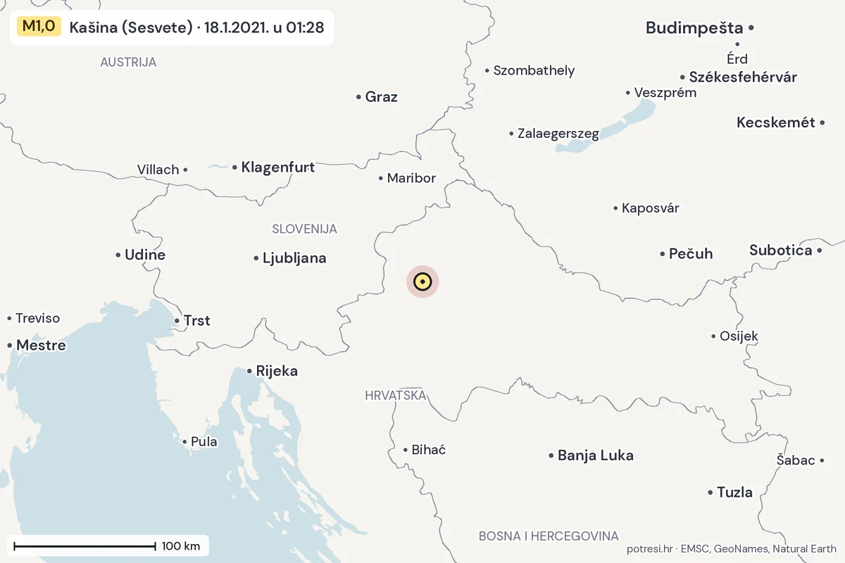 Karta: šire područje, 600 km, potres M1,0, Kašina (Sesvete), 18.1.2021.