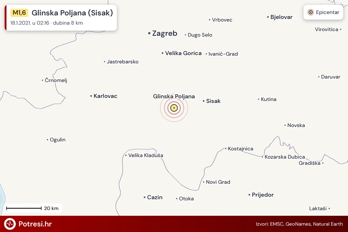 Karta: šire područje i vjerojatni doseg osjeta, potres M1,6, Glinska Poljana (Sisak), 18.1.2021.