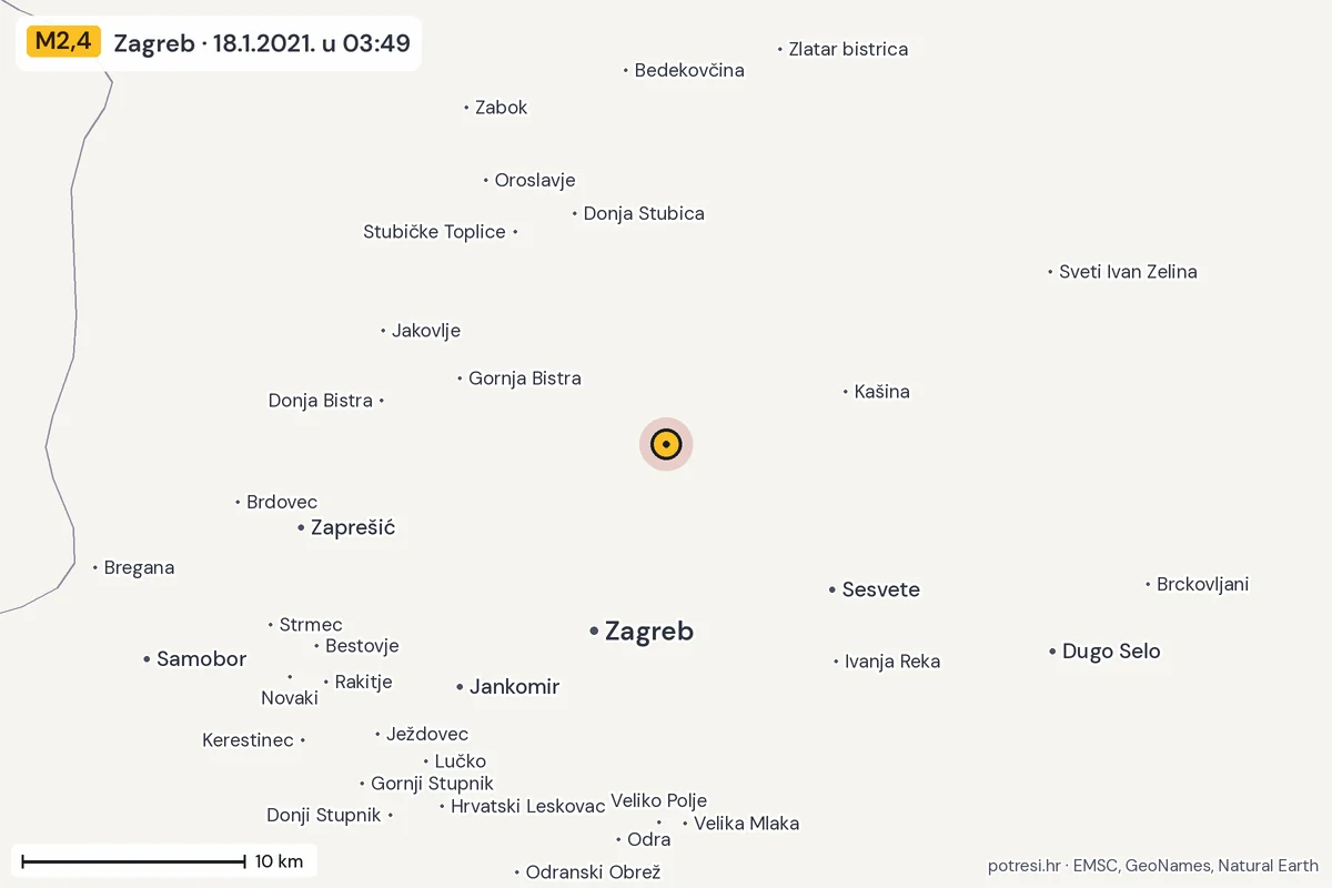 Karta: okolica epicentra, 60 km, potres M2,4, Zagreb, 18.1.2021.