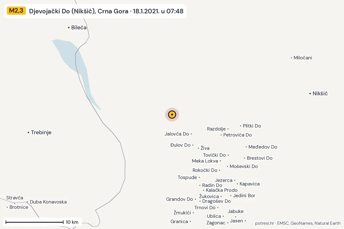 Karta: okolica epicentra, 60 km, potres M2,3, Djevojački Do (Nikšić), Crna Gora, 18.1.2021.