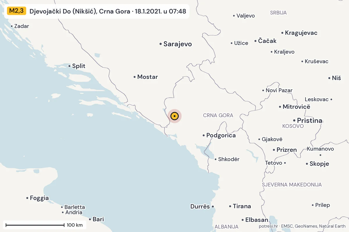 Karta: šire područje, 600 km, potres M2,3, Djevojački Do (Nikšić), Crna Gora, 18.1.2021.