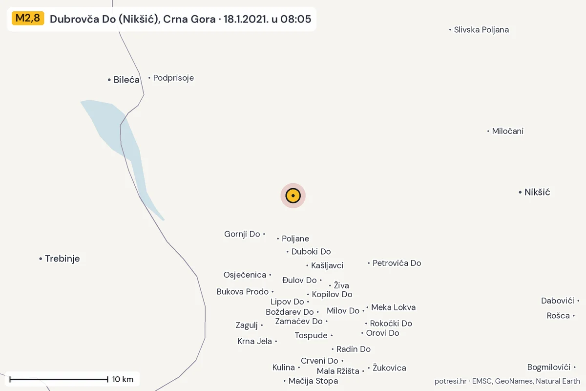 Karta: okolica epicentra, 60 km, potres M2,8, Dubrovča Do (Nikšić), Crna Gora, 18.1.2021.