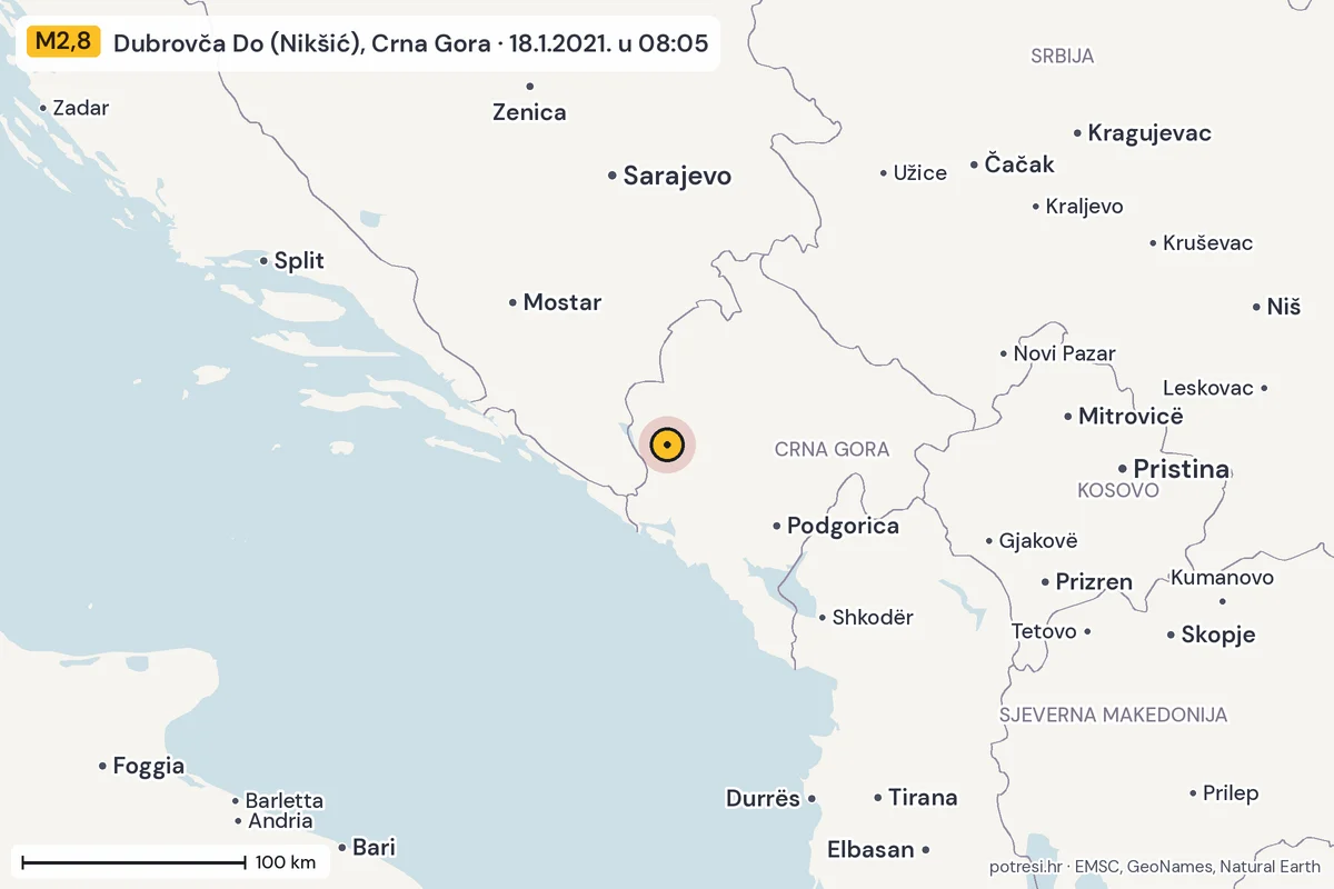 Karta: šire područje, 600 km, potres M2,8, Dubrovča Do (Nikšić), Crna Gora, 18.1.2021.