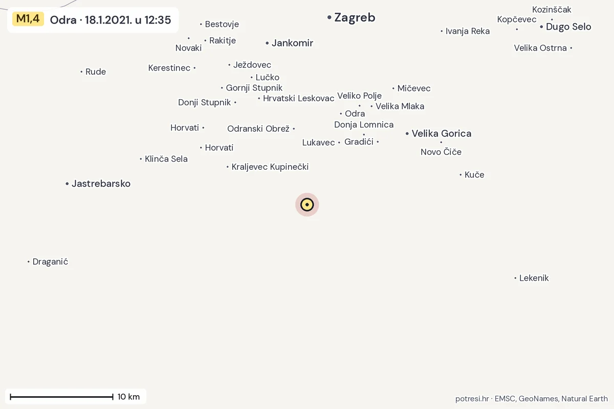 Karta: okolica epicentra, 60 km, potres M1,4, Odra, 18.1.2021.