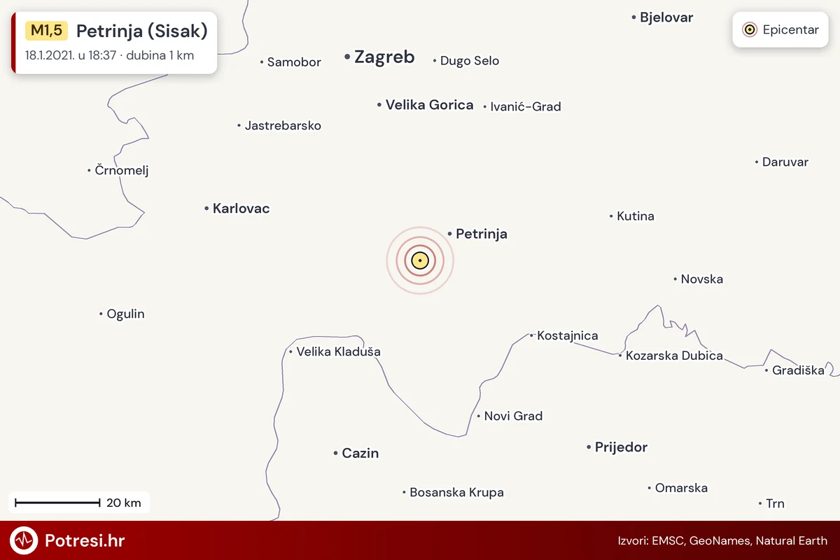 Karta: šire područje i vjerojatni doseg osjeta, potres M1,5, Petrinja (Sisak), 18.1.2021.