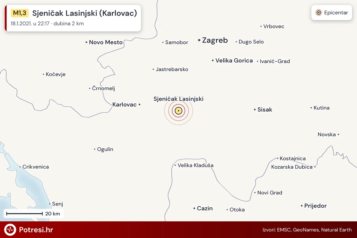 Karta: šire područje i vjerojatni doseg osjeta, potres M1,3, Sjeničak Lasinjski (Karlovac), 18.1.2021.