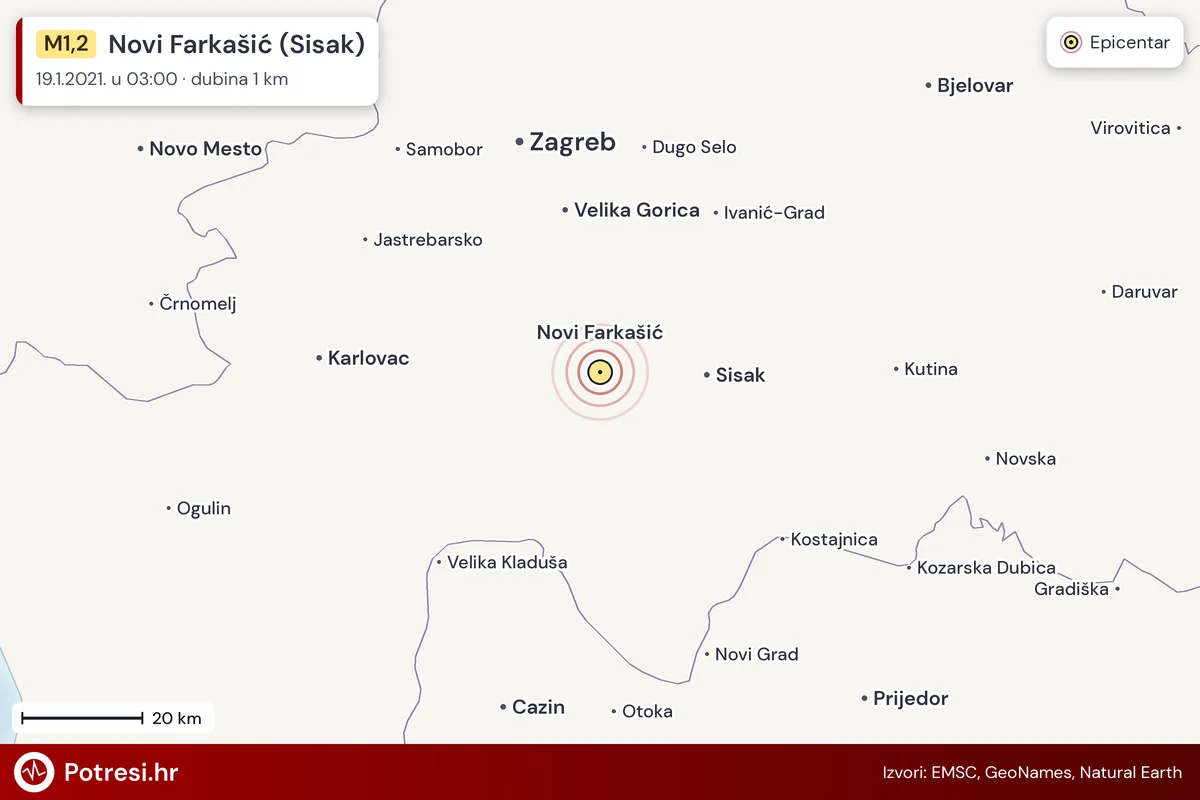 Karta: šire područje i vjerojatni doseg osjeta, potres M1,2, Novi Farkašić (Sisak), 19.1.2021.