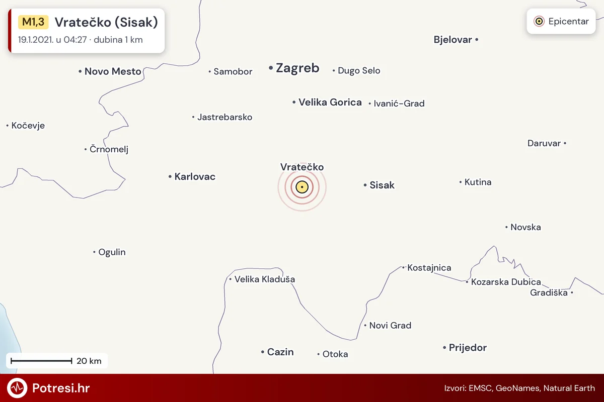 Karta: šire područje i vjerojatni doseg osjeta, potres M1,3, Vratečko (Sisak), 19.1.2021.