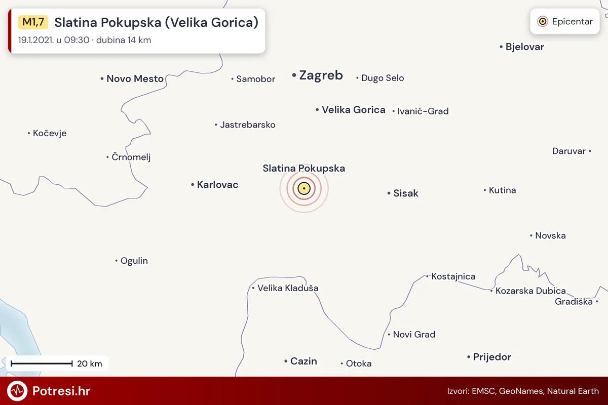 Karta: šire područje i vjerojatni doseg osjeta, potres M1,7, Slatina Pokupska (Velika Gorica), 19.1.2021.