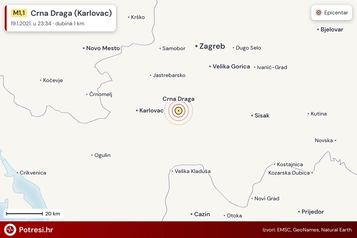 Karta: šire područje i vjerojatni doseg osjeta, potres M1,1, Crna Draga (Karlovac), 19.1.2021.