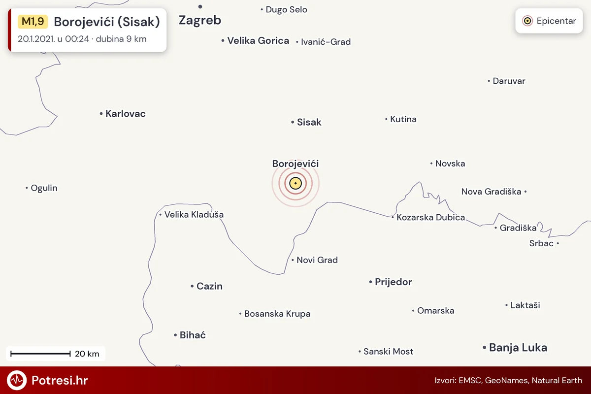 Karta: šire područje i vjerojatni doseg osjeta, potres M1,9, Borojevići (Sisak), 20.1.2021.