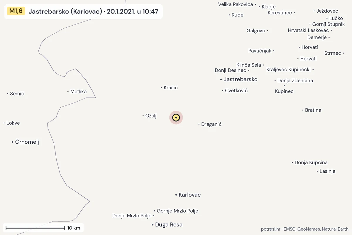 Karta: okolica epicentra, 60 km, potres M1,6, Jastrebarsko (Karlovac), 20.1.2021.