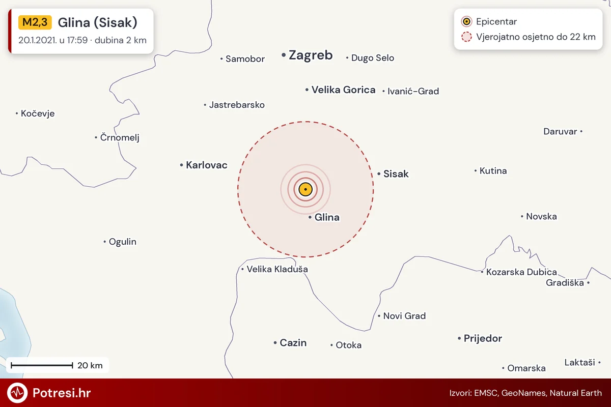 Karta: šire područje i vjerojatni doseg osjeta, potres M2,3, Glina (Sisak), 20.1.2021.