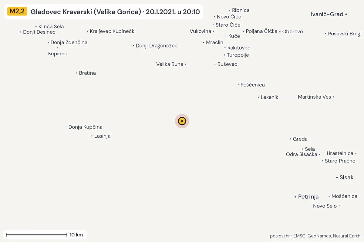 Karta: okolica epicentra, 60 km, potres M2,2, Gladovec Kravarski (Velika Gorica), 20.1.2021.