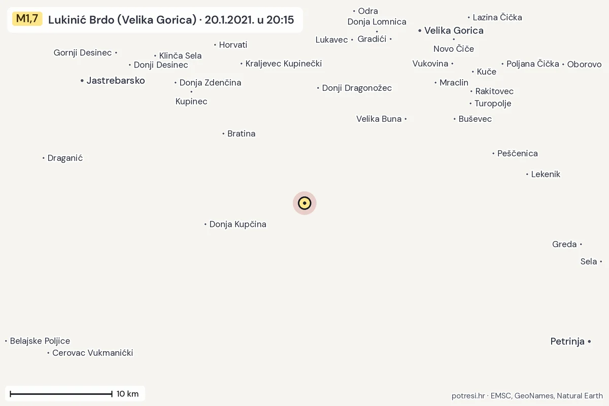 Karta: okolica epicentra, 60 km, potres M1,7, Lukinić Brdo (Velika Gorica), 20.1.2021.