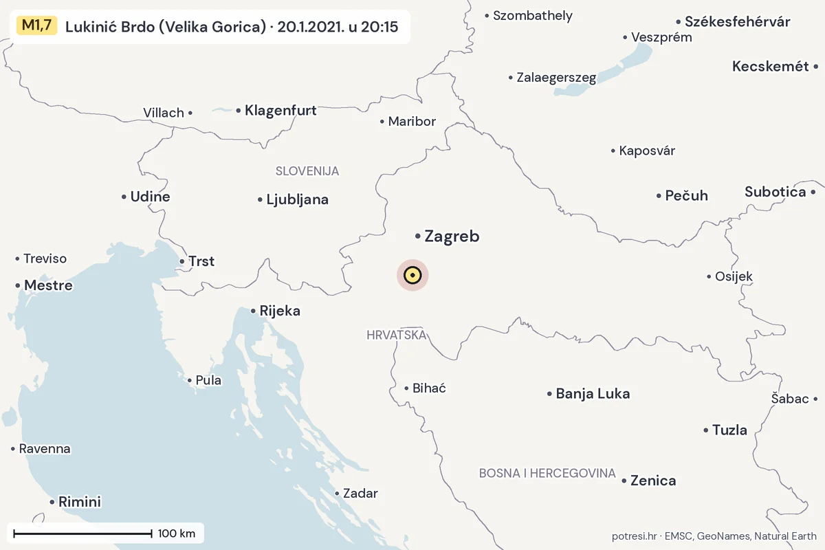 Karta: šire područje, 600 km, potres M1,7, Lukinić Brdo (Velika Gorica), 20.1.2021.