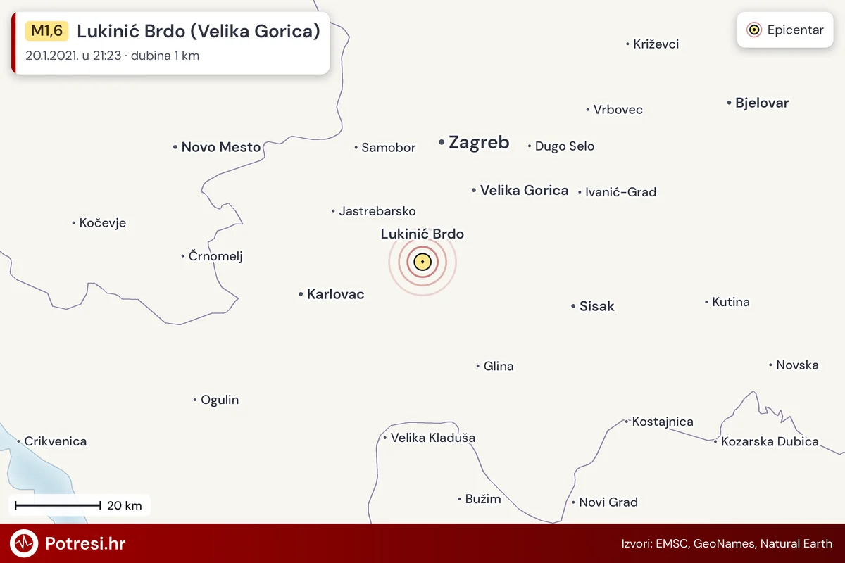 Karta: šire područje i vjerojatni doseg osjeta, potres M1,6, Lukinić Brdo (Velika Gorica), 20.1.2021.