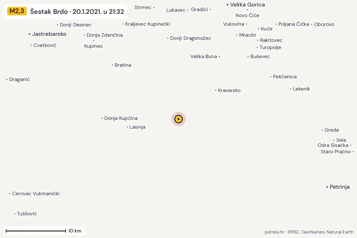 Karta: okolica epicentra, 60 km, potres M2,3, Šestak Brdo, 20.1.2021.