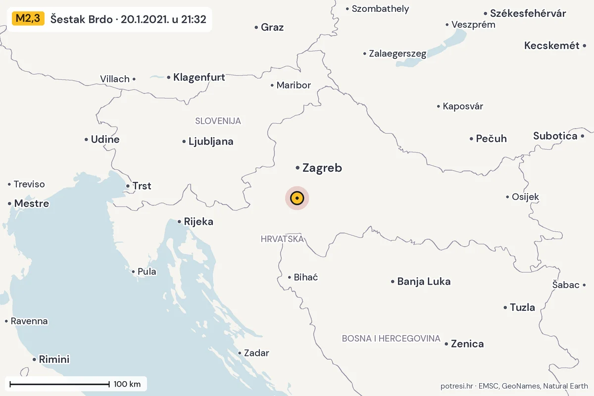 Karta: šire područje, 600 km, potres M2,3, Šestak Brdo, 20.1.2021.