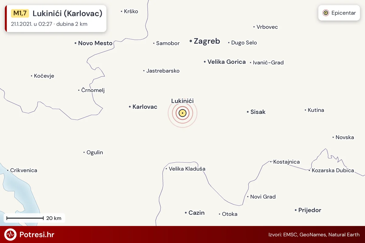 Karta: šire područje i vjerojatni doseg osjeta, potres M1,7, Lukinići (Karlovac), 21.1.2021.