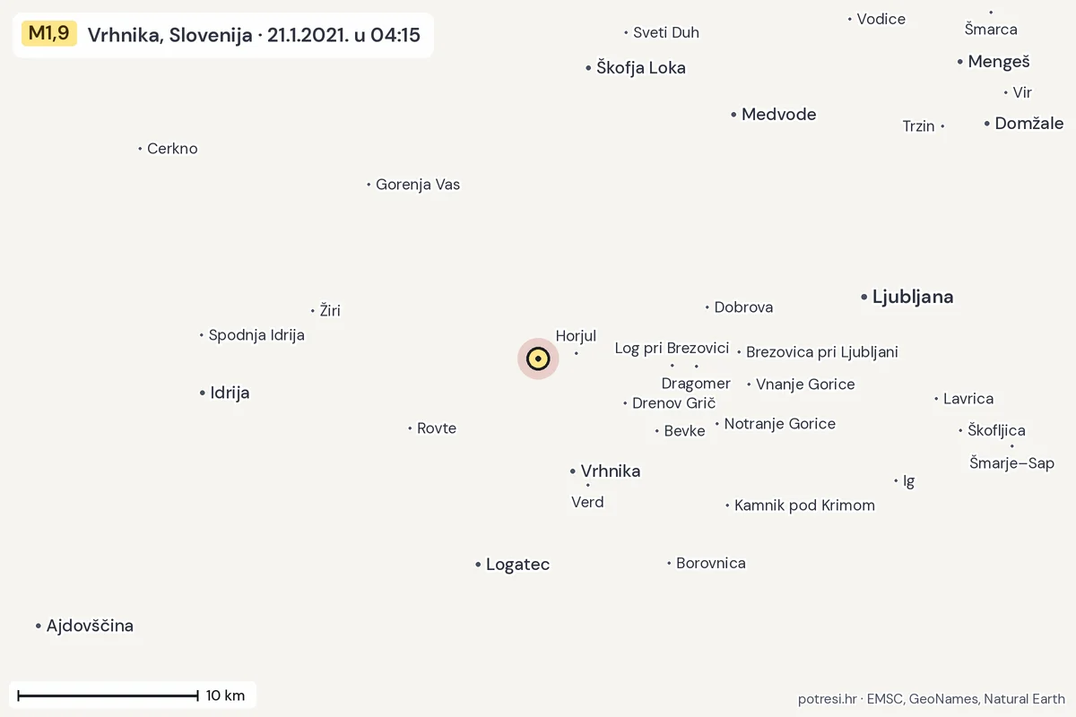 Karta: okolica epicentra, 60 km, potres M1,9, Vrhnika, Slovenija, 21.1.2021.