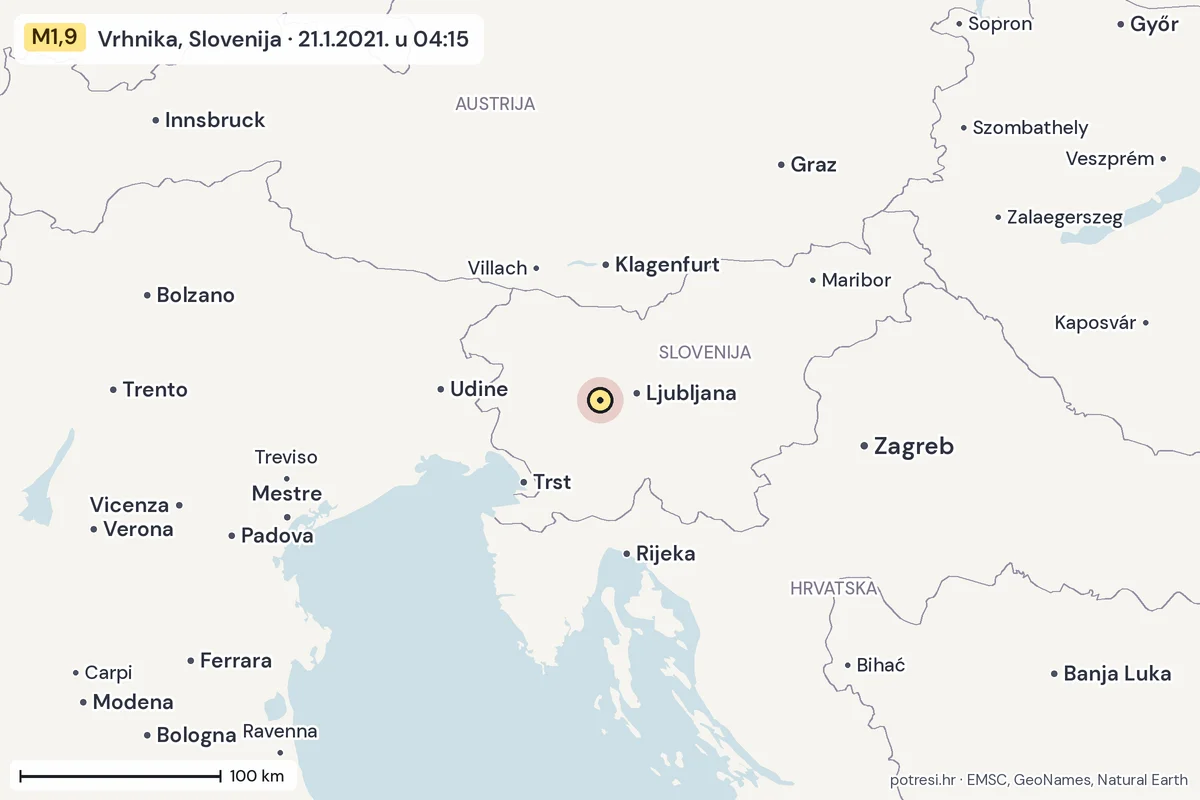 Karta: šire područje, 600 km, potres M1,9, Vrhnika, Slovenija, 21.1.2021.