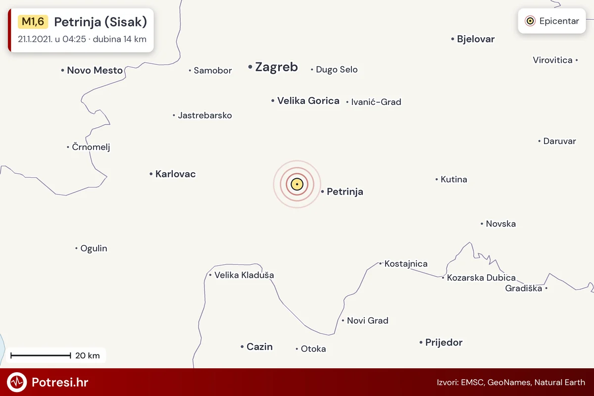 Karta: šire područje i vjerojatni doseg osjeta, potres M1,6, Petrinja (Sisak), 21.1.2021.