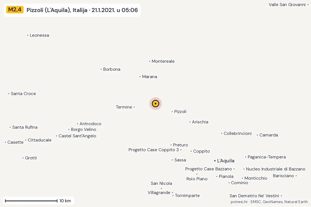 Karta: okolica epicentra, 60 km, potres M2,4, Pizzoli (L'Aquila), Italija, 21.1.2021.
