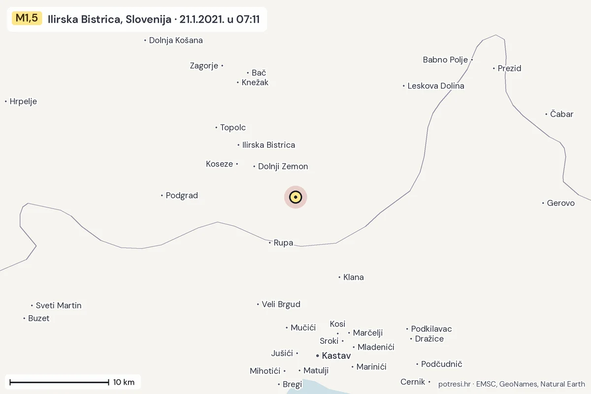 Karta: okolica epicentra, 60 km, potres M1,5, Ilirska Bistrica, Slovenija, 21.1.2021.