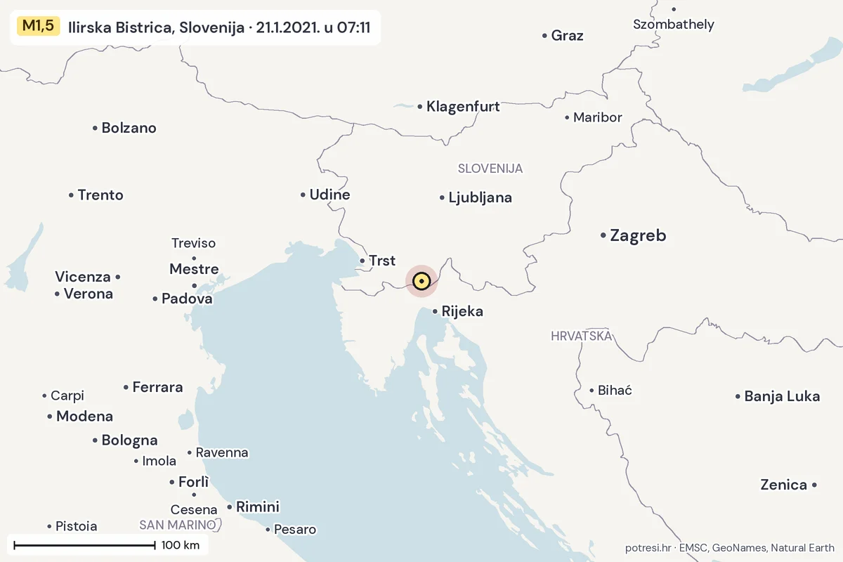 Karta: šire područje, 600 km, potres M1,5, Ilirska Bistrica, Slovenija, 21.1.2021.