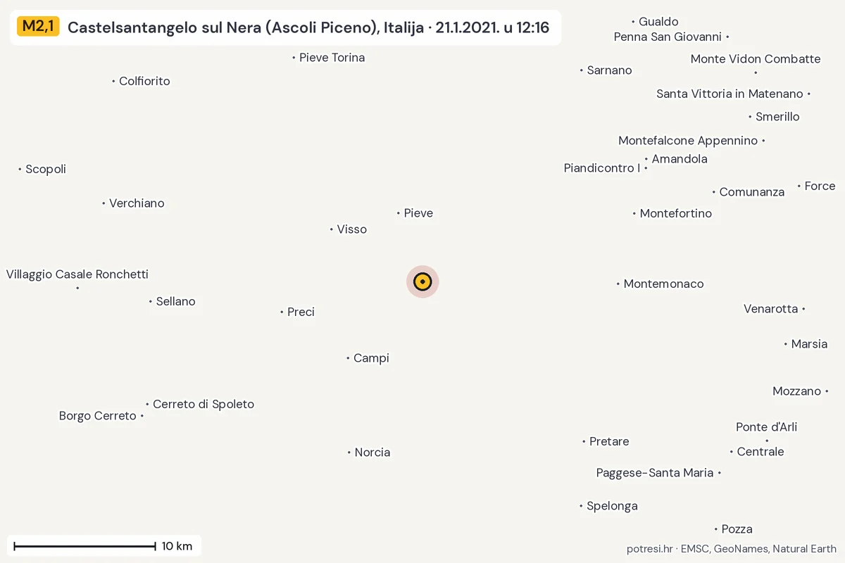 Karta: okolica epicentra, 60 km, potres M2,1, Castelsantangelo sul Nera (Ascoli Piceno), Italija, 21.1.2021.