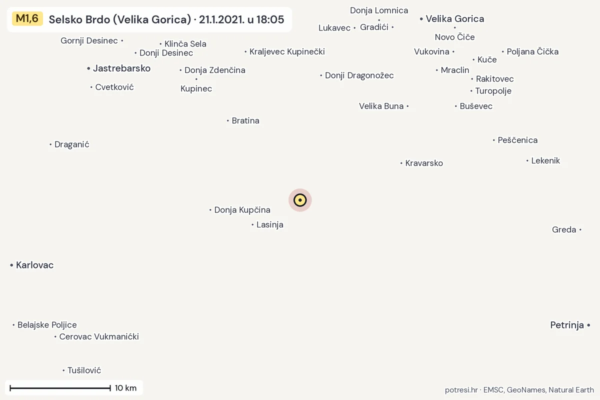 Karta: okolica epicentra, 60 km, potres M1,6, Selsko Brdo (Velika Gorica), 21.1.2021.