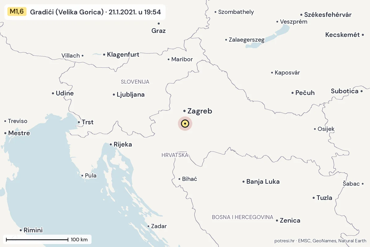 Karta: šire područje, 600 km, potres M1,6, Gradići (Velika Gorica), 21.1.2021.