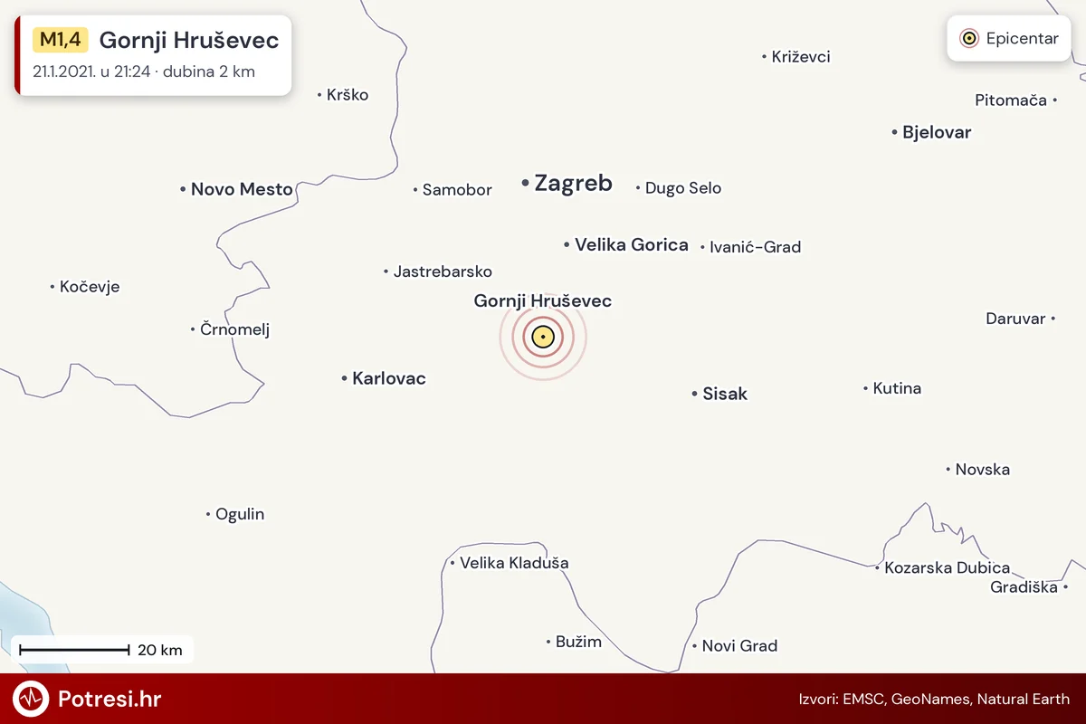Karta: šire područje i vjerojatni doseg osjeta, potres M1,4, Gornji Hruševec, 21.1.2021.