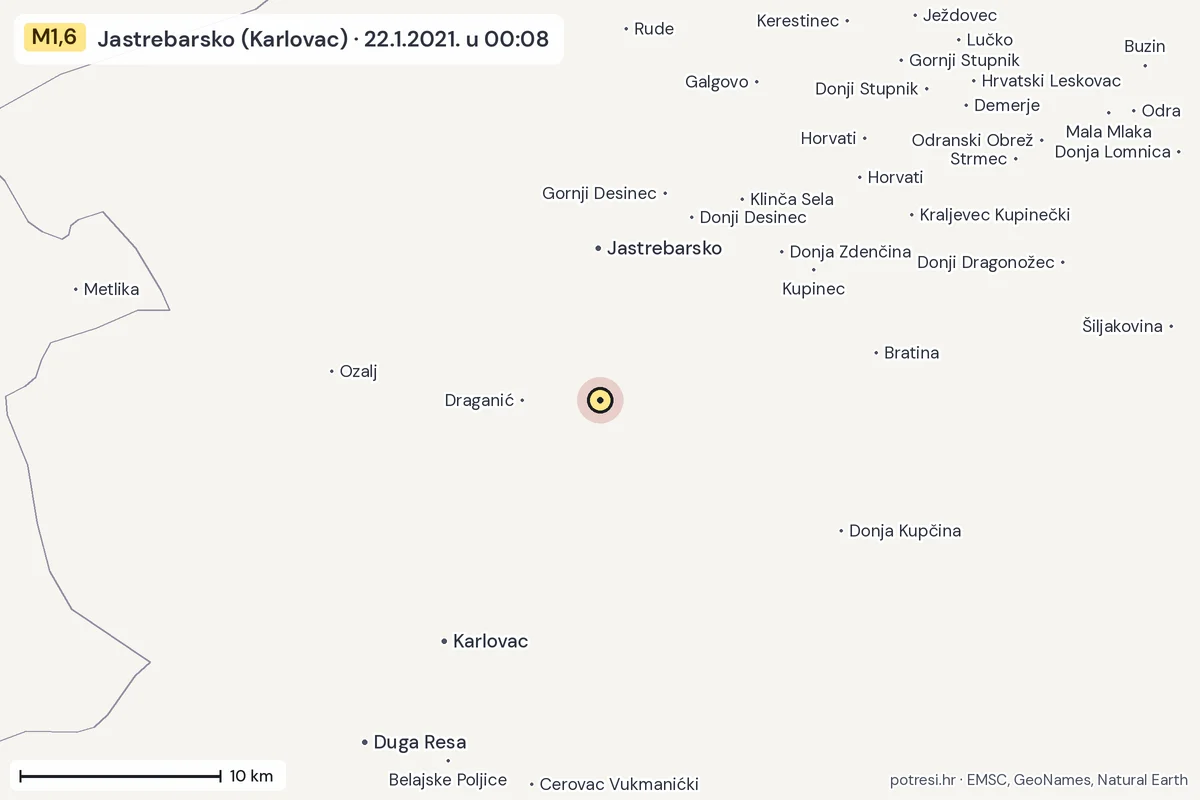 Karta: okolica epicentra, 60 km, potres M1,6, Jastrebarsko (Karlovac), 22.1.2021.