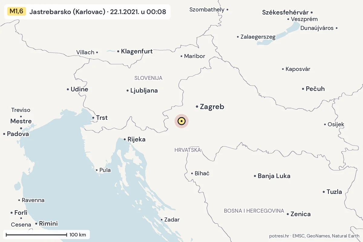 Karta: šire područje, 600 km, potres M1,6, Jastrebarsko (Karlovac), 22.1.2021.