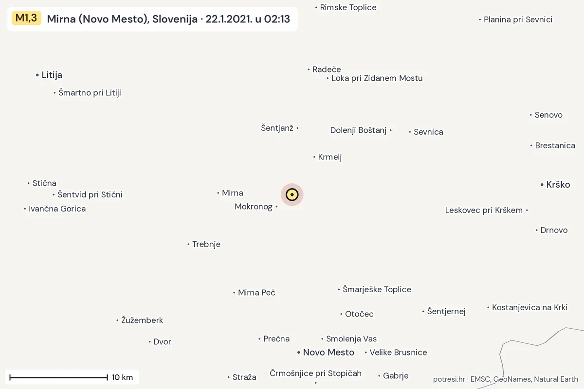 Karta: okolica epicentra, 60 km, potres M1,3, Mirna (Novo Mesto), Slovenija, 22.1.2021.