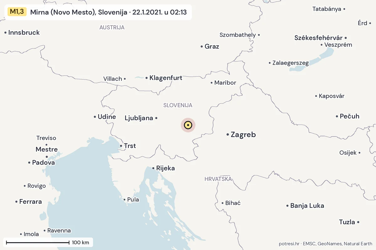 Karta: šire područje, 600 km, potres M1,3, Mirna (Novo Mesto), Slovenija, 22.1.2021.