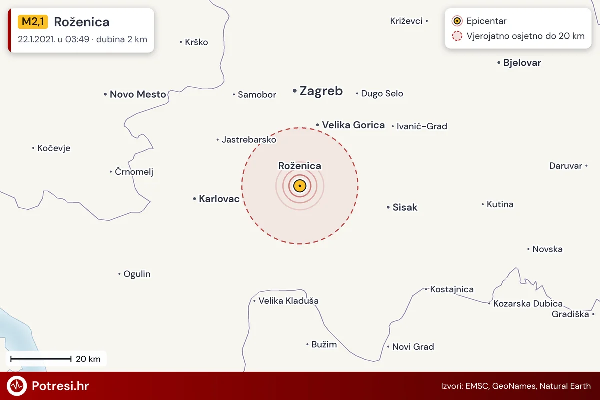 Karta: šire područje i vjerojatni doseg osjeta, potres M2,1, Roženica, 22.1.2021.