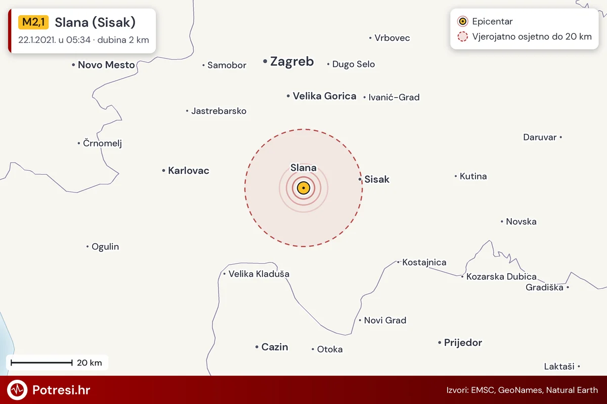 Karta: šire područje i vjerojatni doseg osjeta, potres M2,1, Slana (Sisak), 22.1.2021.