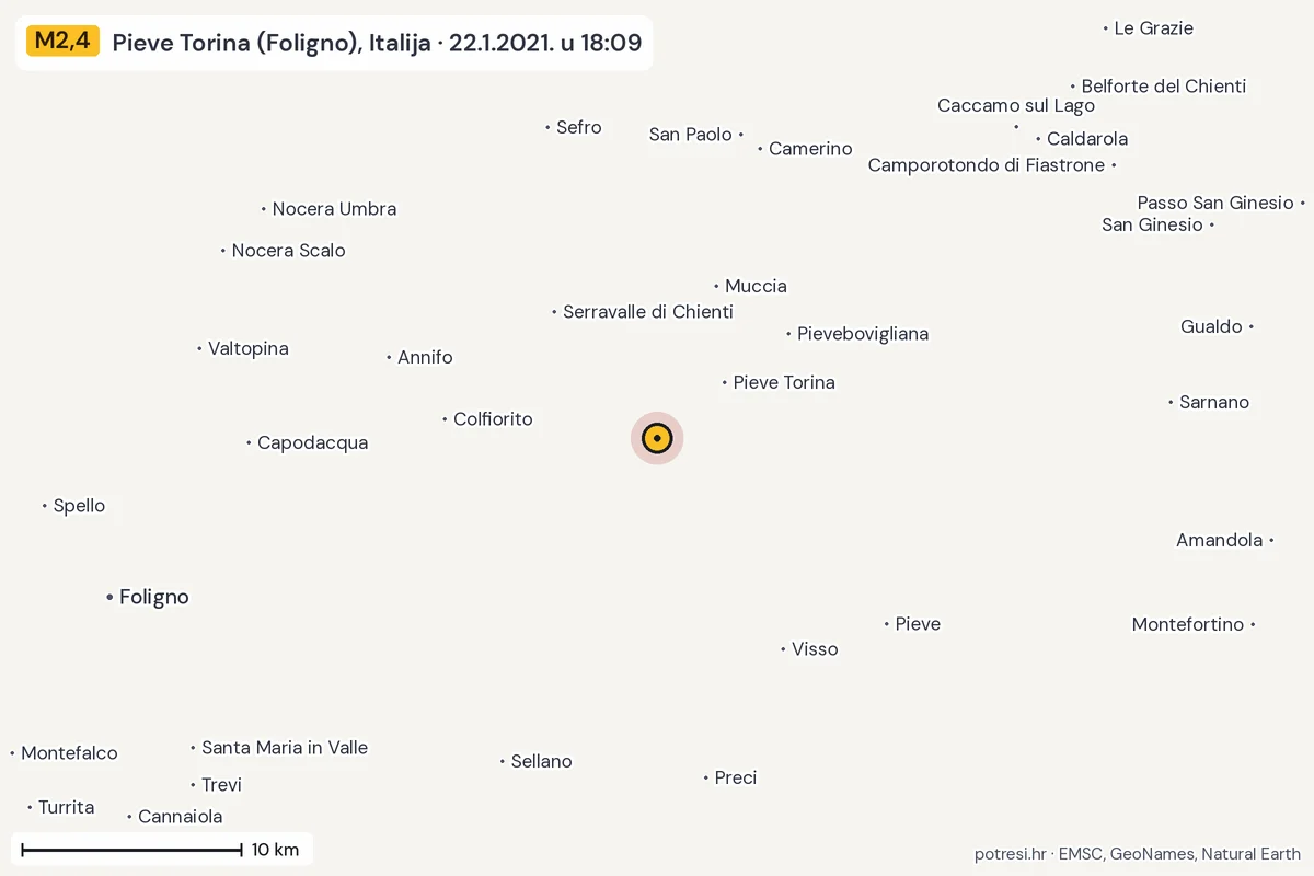Karta: okolica epicentra, 60 km, potres M2,4, Pieve Torina (Foligno), Italija, 22.1.2021.