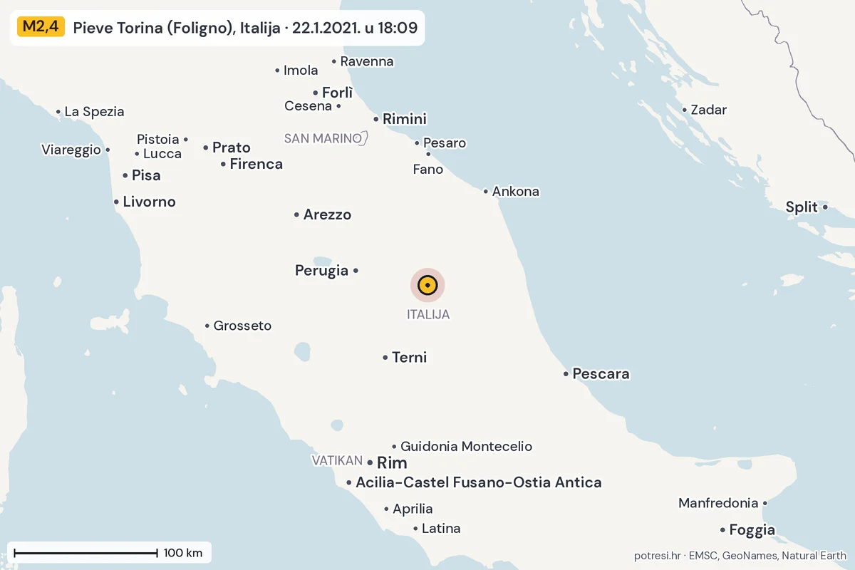 Karta: šire područje, 600 km, potres M2,4, Pieve Torina (Foligno), Italija, 22.1.2021.